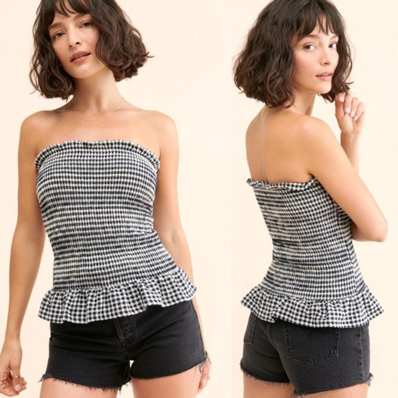 Anthropologie Smocked Strapless Gingham Tube Top + Ruffle Hem, Strapless - Picture 1 of 6